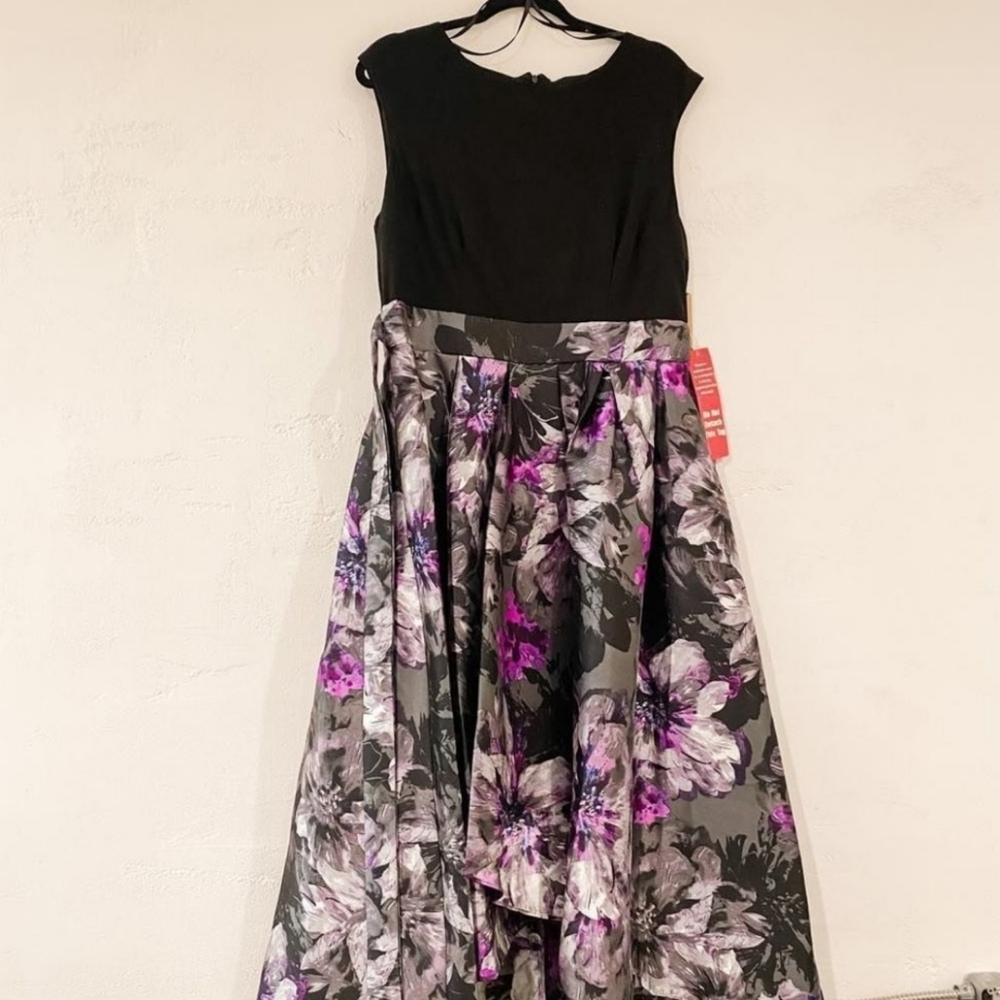 Ignite Evenings High Low Floral Dress in Purple Black NWT